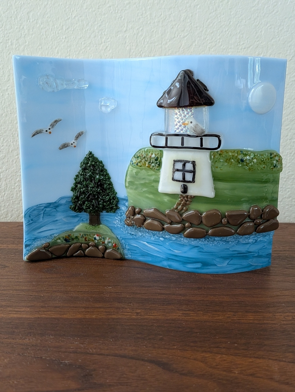 Fused Glass 3D Art Wavey Free Standing Panel Nautical Scene Lighthouse 8.75"